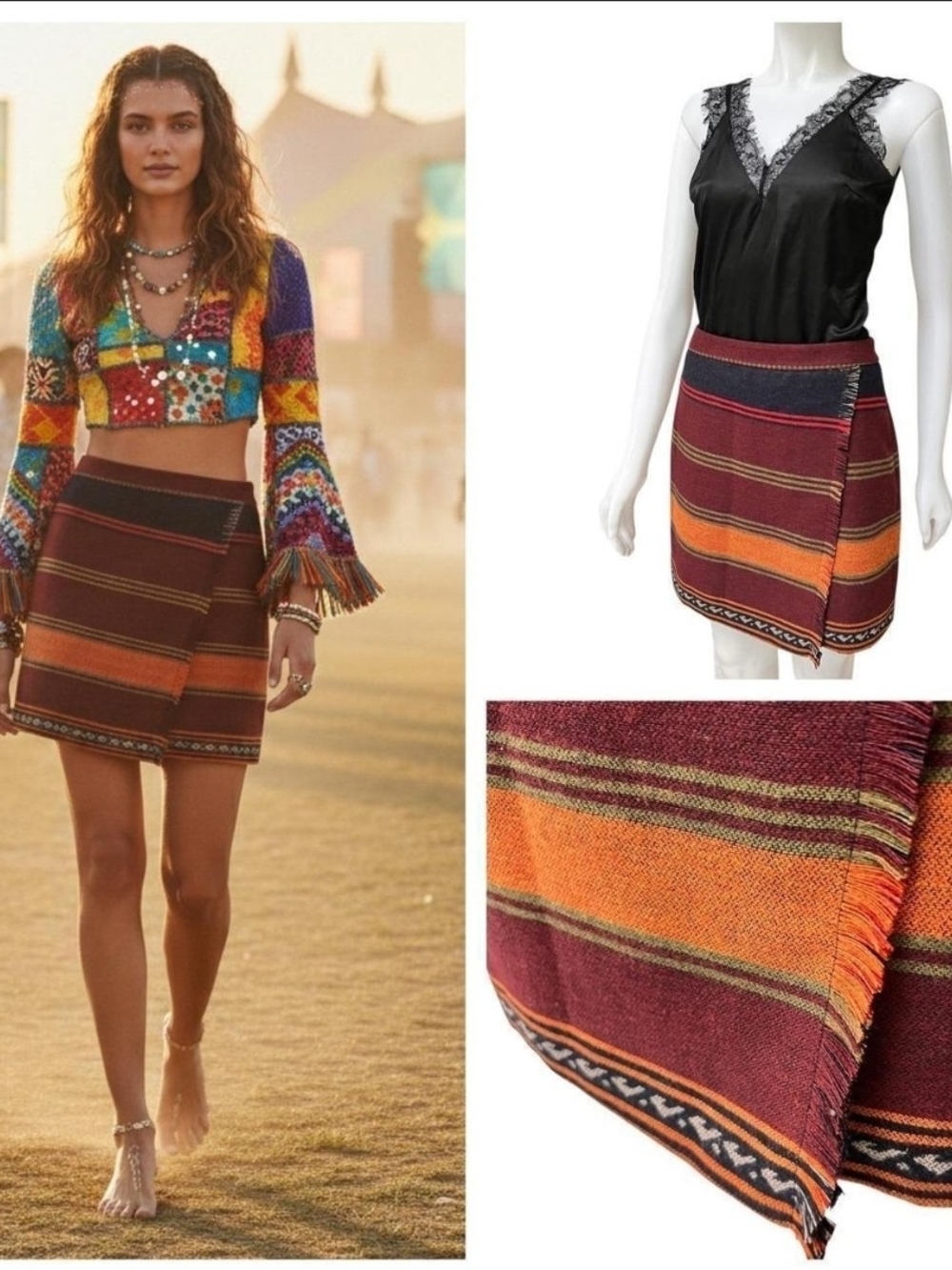 Southwestern Blanket Fringe Faux Wrap Skirt - LOFT